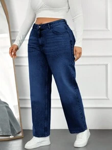 SHEIN Cottnline Plus Size Women's Whiskered Straight Leg Jeans - Navy Blue - View 5