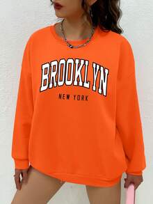 SHEIN EZwear 大尺碼字母印花下垂肩運動衫 - 橘色 - 查看 4