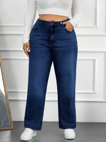 SHEIN Cottnline Plus Size Women's Whiskered Straight Leg Jeans - Navy Blue - View 3