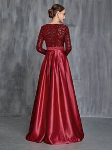 女士深v領閃亮拼接透視晚禮服 - 紅色 - 查看 2