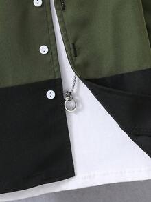 SHEIN Chàng trai trẻ Khối màu Tay áo dài Áo sơ mi Với In thư - xanh quân đội - Xem 4