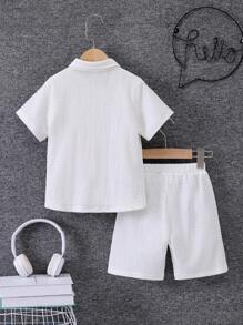 SHEIN 2pcs/Set Young Boy Plain Button Down Shirt & Shorts Set, Suitable For Casual Beach Vacation, Summer