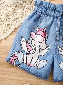 SHEIN Young Girl Lovely Unicorn Print Shorts With Paperbag Waist - Blue - View 4