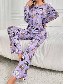 女士卡通動物圖案睡衣套裝 - 紫色 - 查看 1
