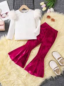 SHEIN 女孩拼布毛茸茸長袖上衣和喇叭褲套裝 - 彩色 - 查看 1