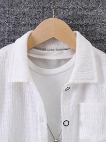 SHEIN 2pcs/Set Young Boy Plain Button Down Shirt & Shorts Set, Suitable For Casual Beach Vacation, Summer