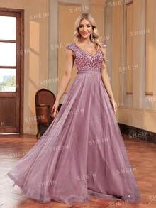 XUIBOL Váy dạ hội đính lưới sequin tương phản cho nữ, váy dự tiệc trang trọng thanh lịch, dự tiệc tốt nghiệp, tiệc tối - Hồng - Xem 7