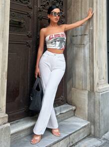 EURMUSE Casual Solid Straight Leg Jeans - White - View 2