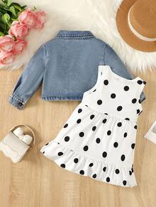 Baby Girls' Collared Denim Jacket And Lovely Polka Dot Dress - Light Wash - View 2