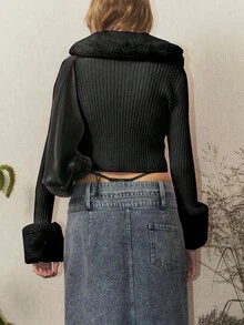 Của phụ nữ Màu thuần Ngắn Gầy Len áo Với Vòng cổ - màu đen - Xem 2