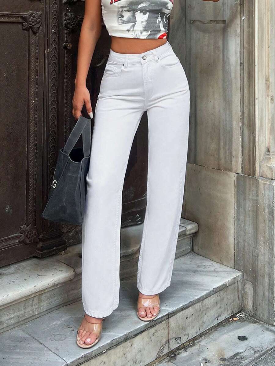 EURMUSE Casual Solid Straight Leg Jeans - White - View 1