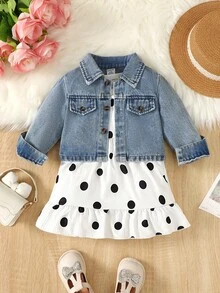 Baby Girls' Collared Denim Jacket And Lovely Polka Dot Dress - Light Wash - View 3
