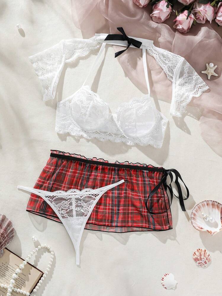Bow Decorated Sexy Lace Lingerie Set