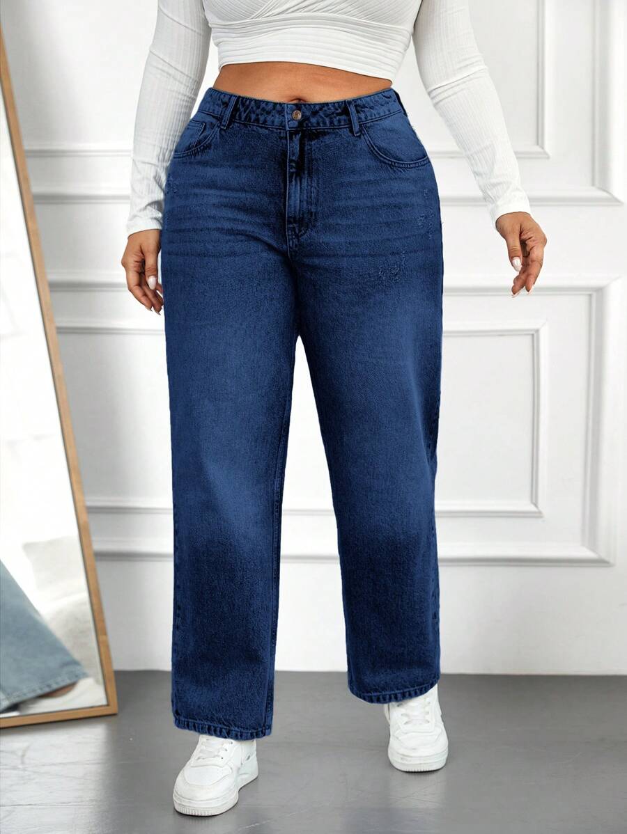 SHEIN Cottnline Plus Size Women's Whiskered Straight Leg Jeans - Navy Blue - View 1