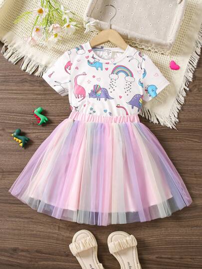 SHEIN 2st/set Ung flicka Söt Dinosaurie Tryckt T-shirts Och Nät Tutu Kjol Sommar