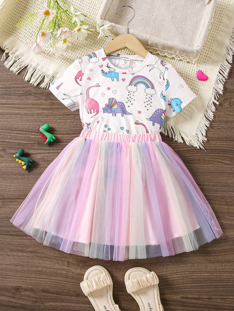SHEIN 2入組年輕女孩可愛恐龍印花t卹和網紗tutu裙夏季套裝