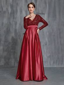 女士深v領閃亮拼接透視晚禮服 - 紅色 - 查看 5