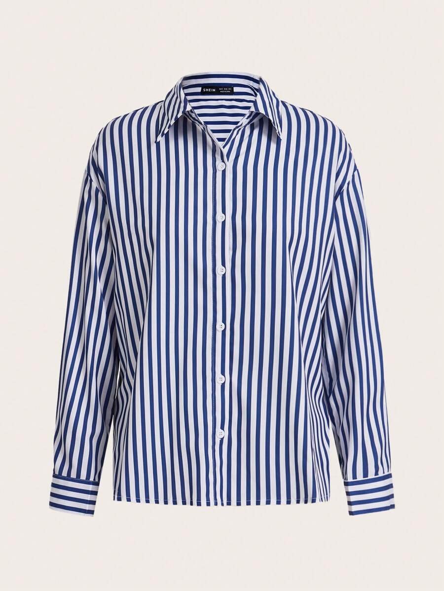 SHEIN Frenchy In sọc Thả vai Áo sơ mi - Xanh và trắng - Xem 1