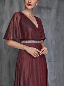 Women's Rhinestone Waistband Surplice Neck Formal Dress