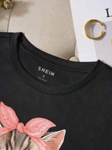 SHEIN LUNE 女貓印花 T 卹 - 黑色 - 查看 5