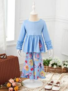 Baby Girls' Cute Princess Printed Outfit With Bell Sleeve Design And Flared Pants - Blue - View 1