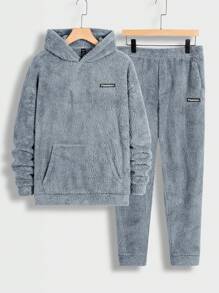Manfinity RebelGame Men's Hooded Patched Detail Plush Sweatshirt And Long Pants Set - Blue - View 1