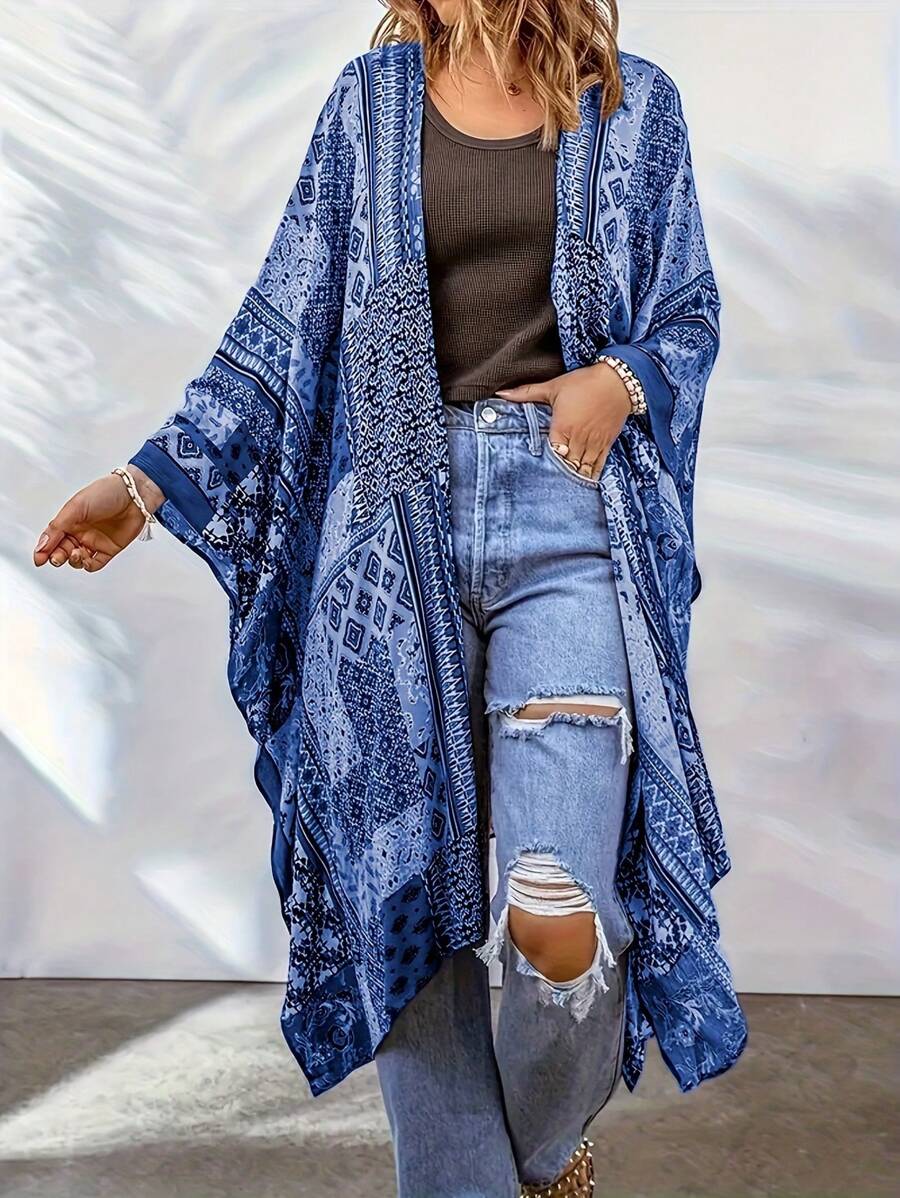 VIVINA Plus Size Women Casual Geometric Print Open Front Jacket, Women Travel & Holiday Outerwear - Blue - View 1