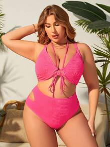 SHEIN Swim Curve 夏季抽绳加大码纯色吊带比基尼 - 粉色 - 查看 8