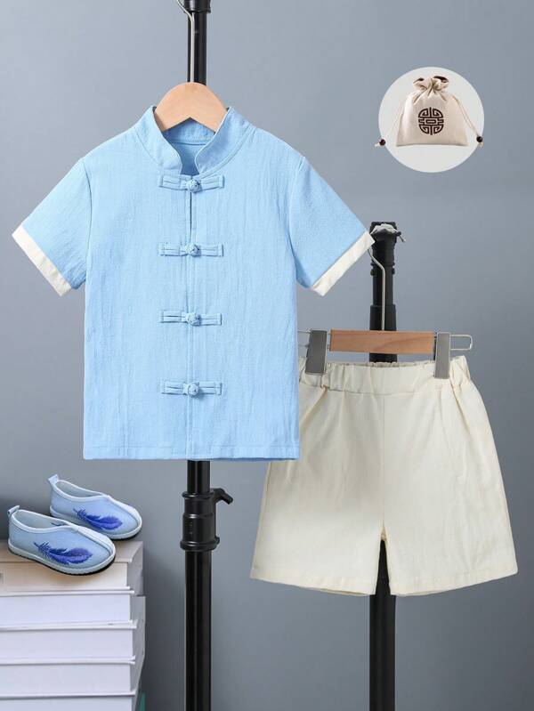 Conjunto De Dos Piezas Hanfu Para Niños Con Camisa De Manga Corta Con Cuello Redondo Y Pantalon Corto Con Botones