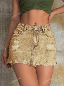 Shorts informales de mezclilla para festivales de rave en la calle con detalles desgarrados en el dobladillo y ribete de flecos, bolsillo inclinado y pequeño detalle de raja