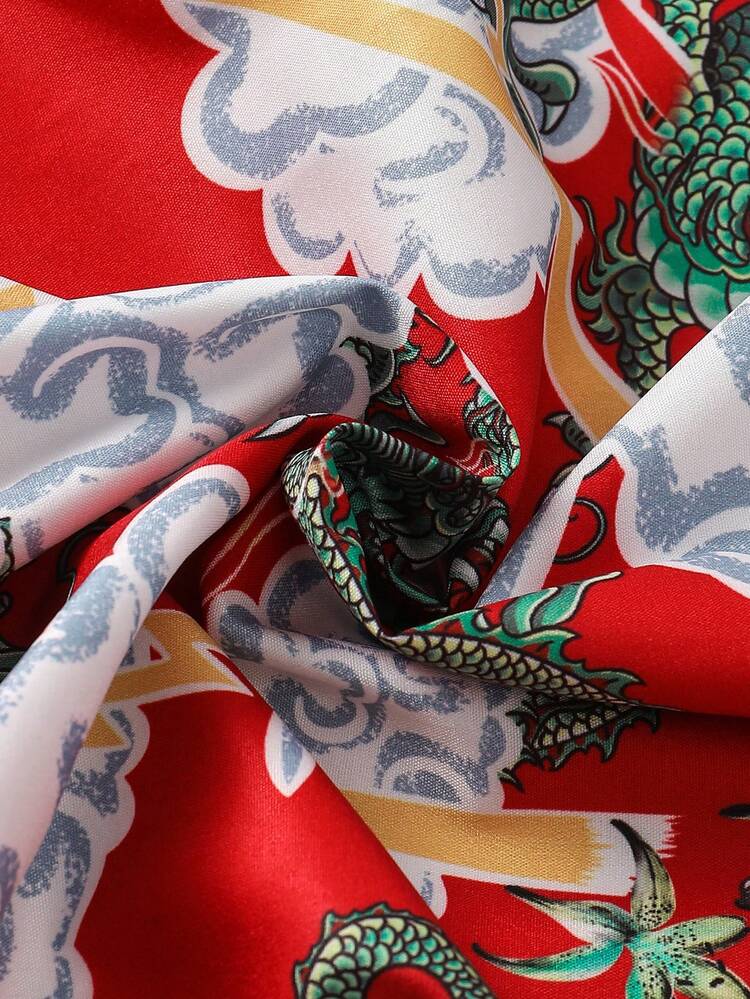 Young Boy Chinese Dragon Print Short Sleeve Shirt And Shorts Set, Vacation Fashion For Valentine's Day