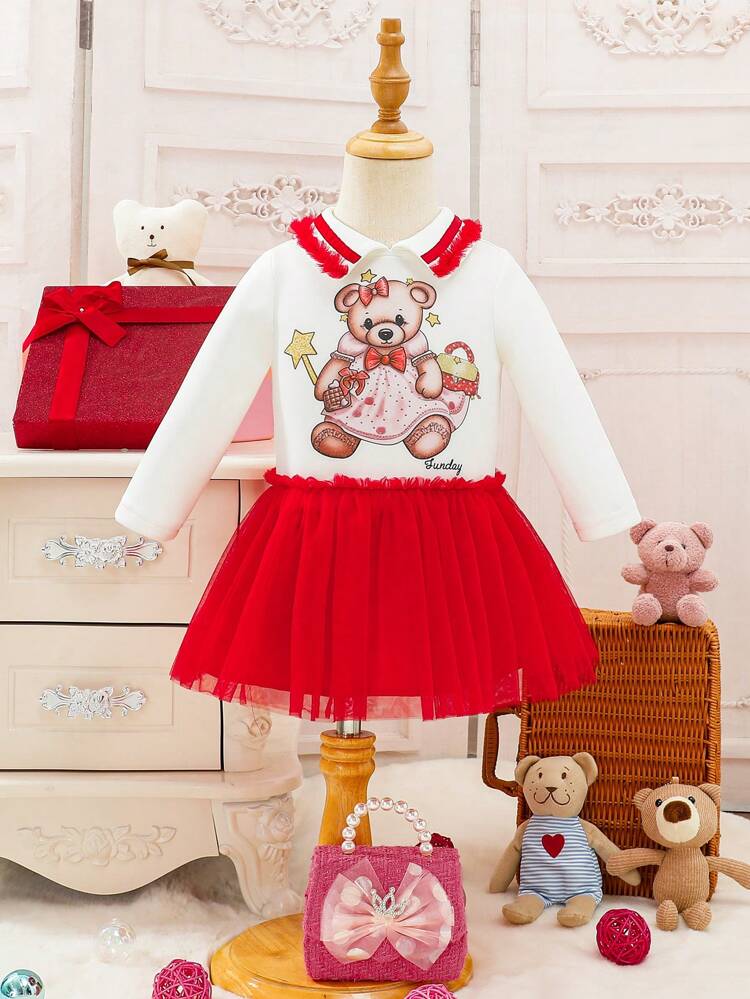 Baby Girls' Elegant Bear Pattern Printed Mesh Contrast Dress With Pleated Hem, Autumn/Winter
