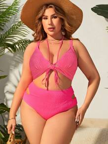 SHEIN Swim Curve 夏季抽绳加大码纯色吊带比基尼 - 粉色 - 查看 7