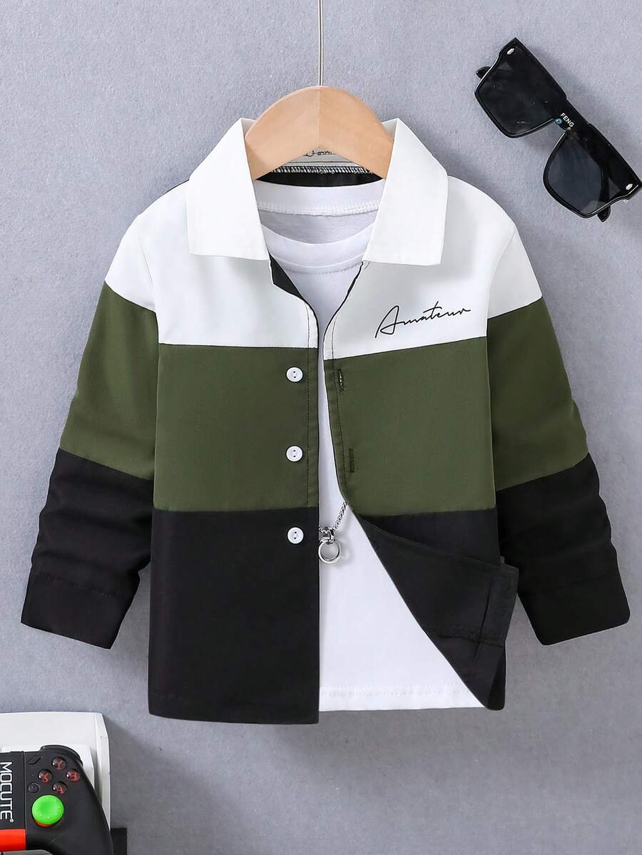SHEIN Chàng trai trẻ Khối màu Tay áo dài Áo sơ mi Với In thư - xanh quân đội - Xem 1