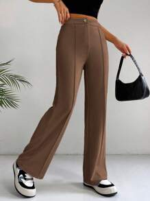 SHEIN EZwear 春季棕色 Y2k 高腰接缝细节直筒裤喇叭紧身裤 - 棕色 - 查看 6