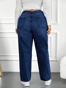 SHEIN Cottnline Plus Size Women's Whiskered Straight Leg Jeans - Navy Blue - View 2