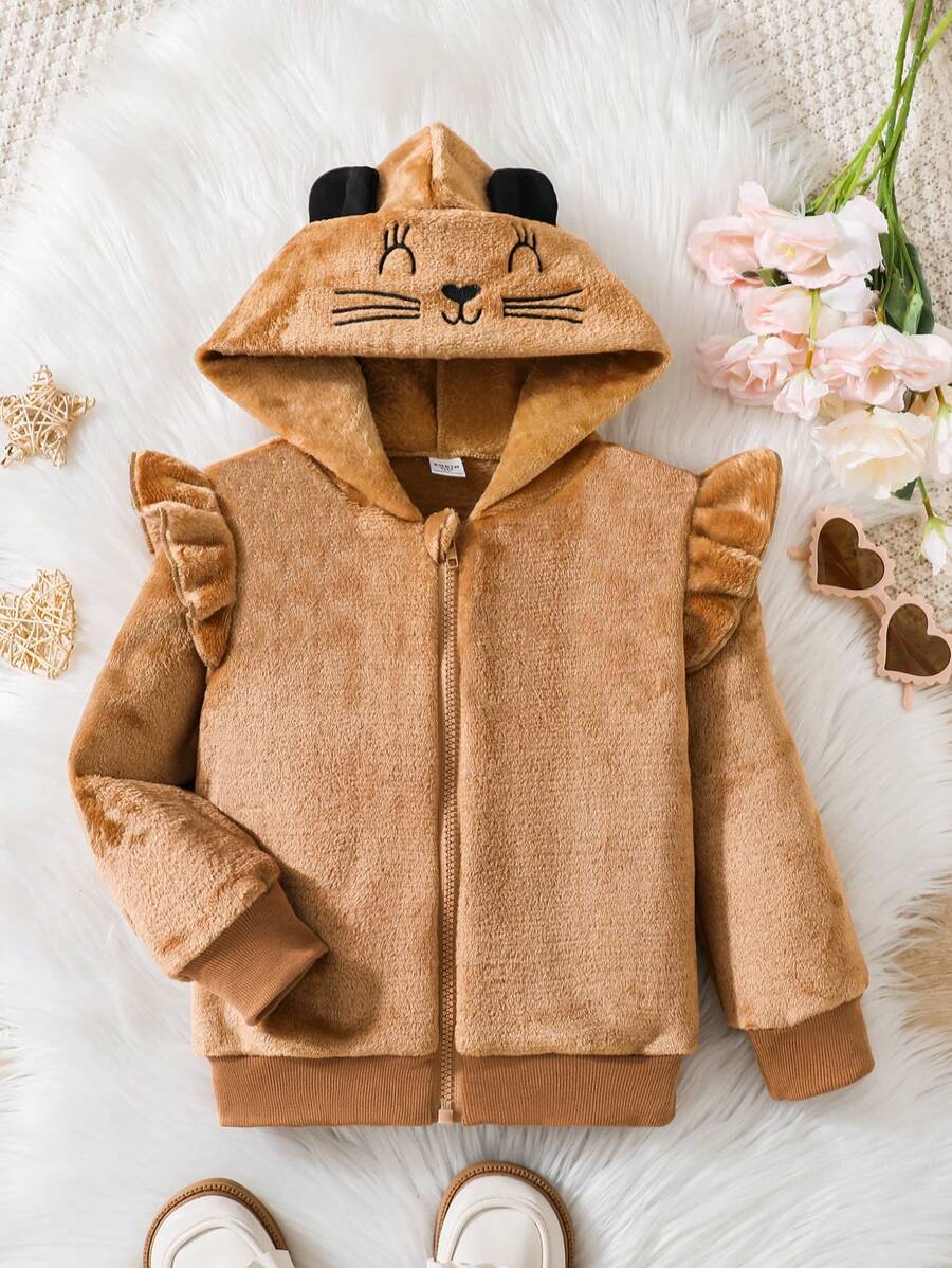 SHEIN 小女孩可愛休閒刺繡卡通連帽拉鍊衫,長袖設計 - 咖啡棕 - 查看 1