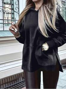 SHEIN EZwear Áo nỉ có mũ cỡ lớn dành cho nữ, thích hợp cho lễ tốt nghiệp, tựu trường, lễ tốt nghiệp, giáo viên, áo nỉ mùa thu cho mùa tựu trường. - màu đen - Xem 1