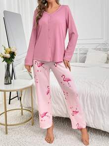 火烈鳥圖案長袖長褲睡衣套裝 - 粉色 - 查看 6