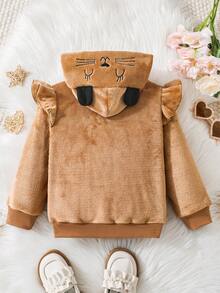 SHEIN 小女孩可愛休閒刺繡卡通連帽拉鍊衫,長袖設計 - 咖啡棕 - 查看 2