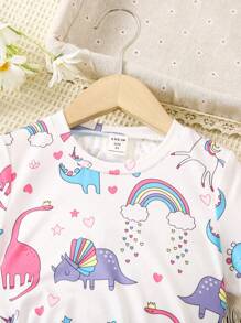 SHEIN 2入組年輕女孩可愛恐龍印花t卹和網紗tutu裙夏季套裝