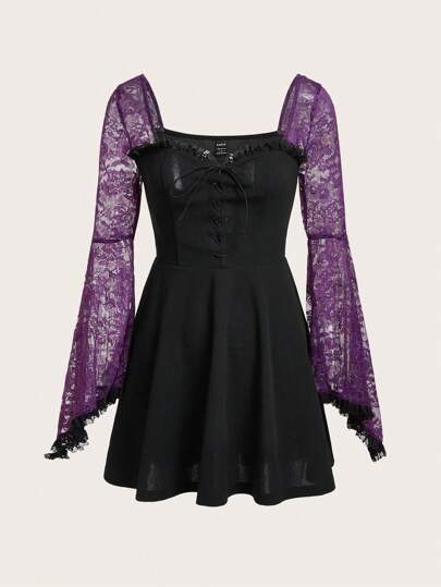 Contrast Lace Flounce Sleeve Lace Up Front Dress
