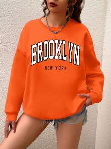 SHEIN EZwear 大尺碼字母印花下垂肩運動衫 - 橘色 - 查看 5