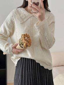 Spring New Vintage Embroidered Floral Knit Sweater, Sweet Oversized Lapel Design, Versatile Gentle Long-Sleeve Top, Elegant And Youthful Korean-Style Women's Fashion
