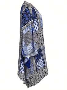 VIVINA Plus Size Women Casual Geometric Print Open Front Jacket, Women Travel & Holiday Outerwear - Blue - View 3