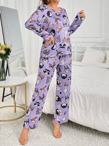 女士卡通動物圖案睡衣套裝 - 紫色 - 查看 5
