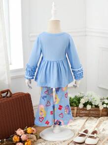 Baby Girls' Cute Princess Printed Outfit With Bell Sleeve Design And Flared Pants - Blue - View 2
