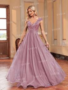 XUIBOL Váy dạ hội đính lưới sequin tương phản cho nữ, váy dự tiệc trang trọng thanh lịch, dự tiệc tốt nghiệp, tiệc tối - Hồng - Xem 2
