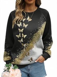 Sudadera de manga raglán con estampado de mariposas - Negro - Ver 1