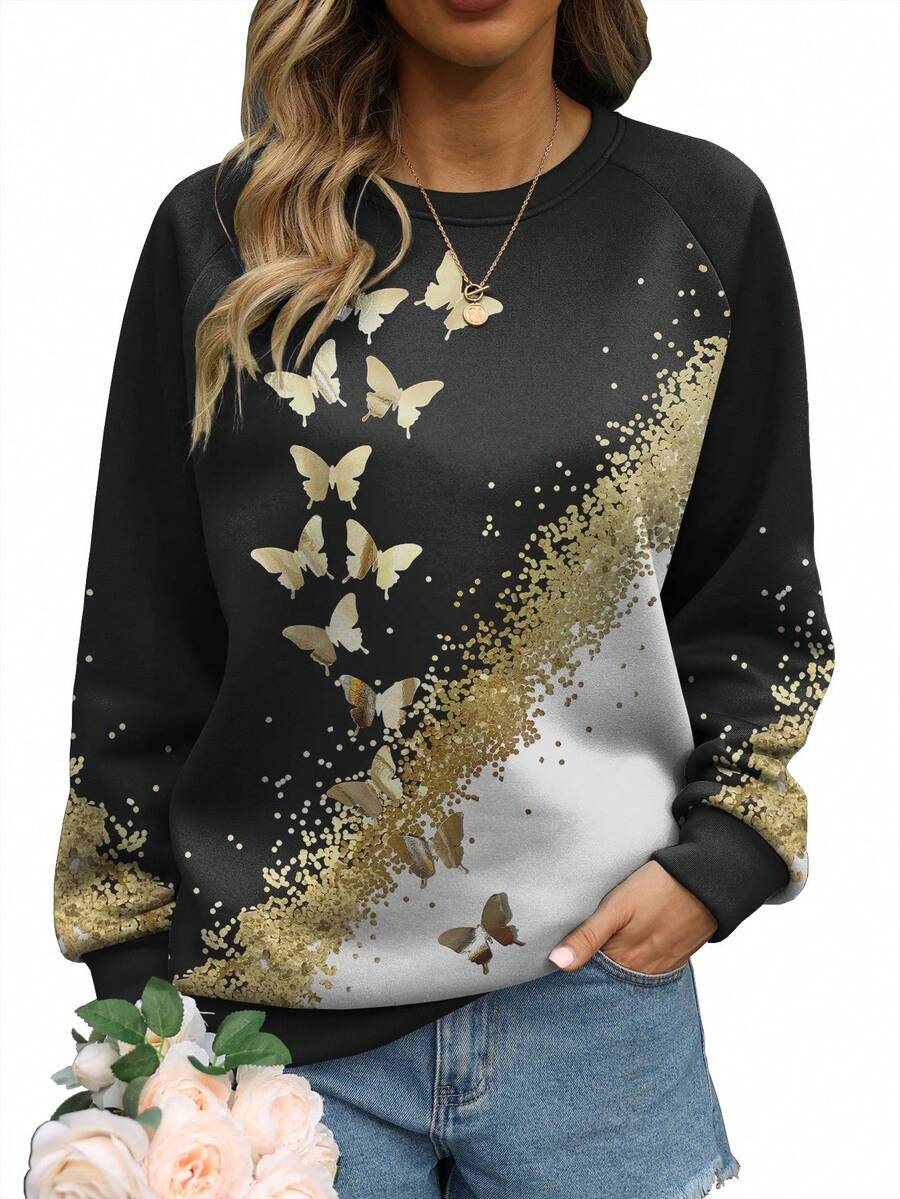 Sudadera de manga raglán con estampado de mariposas - Negro - Ver 1